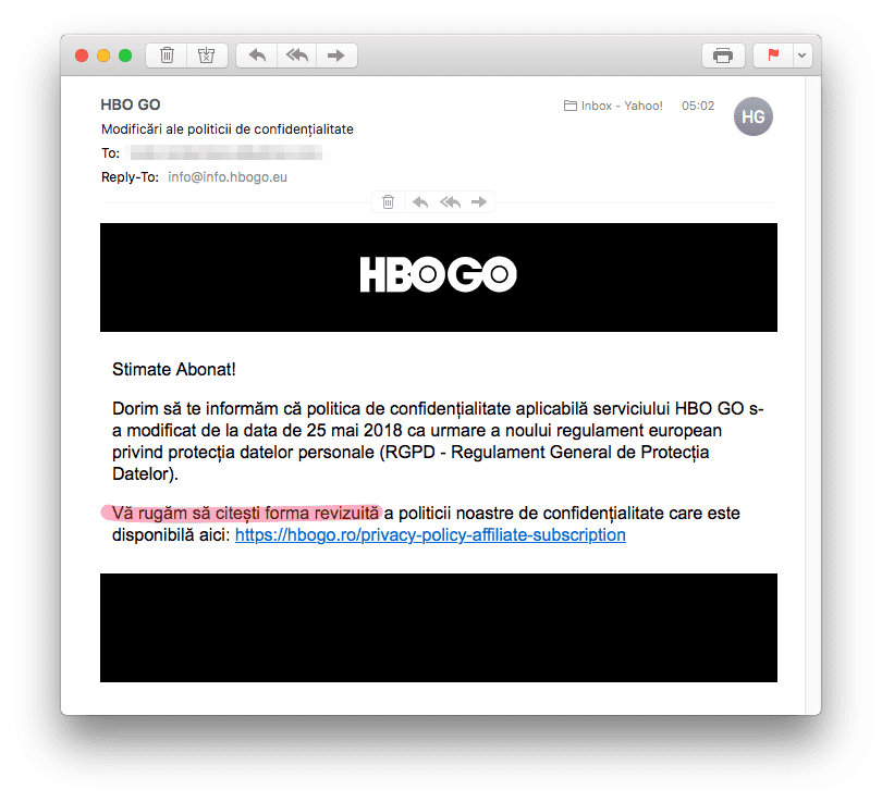 Notificare legată de GDPR a HBO GO
